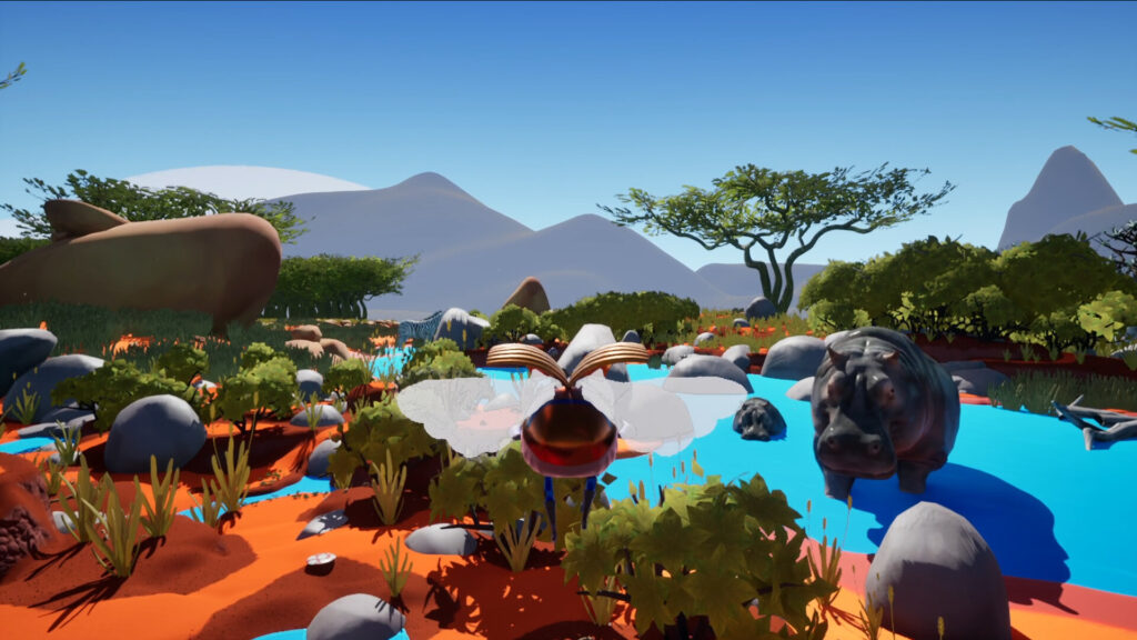 Dung Ho! - a beetle flys up high with a hippo in a pool