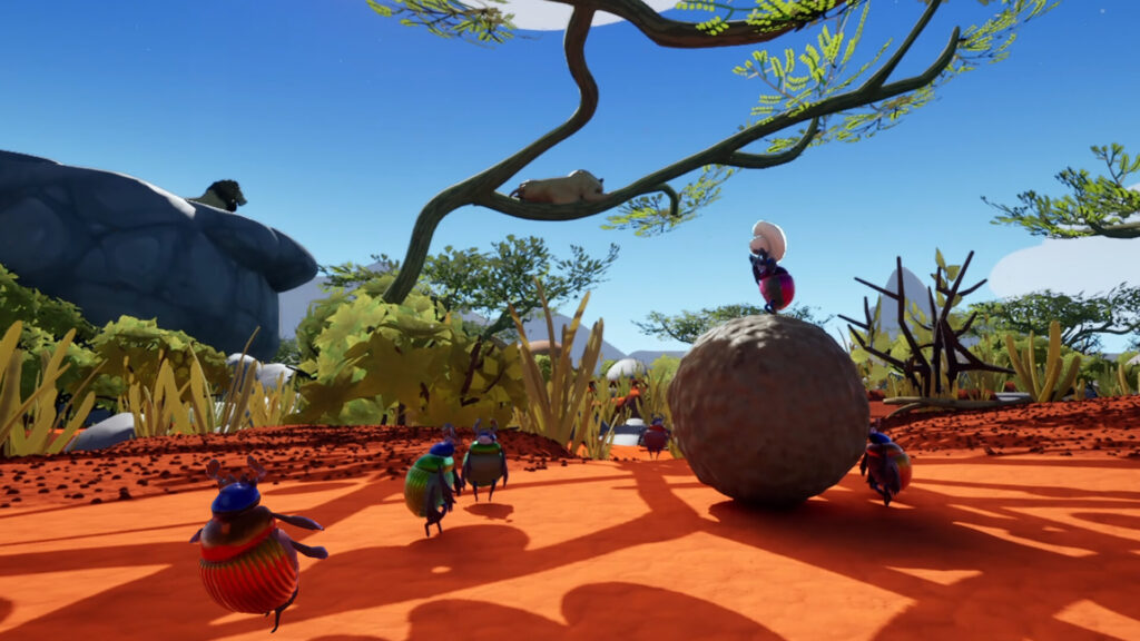 Dung Ho! - Six Beetles around a dung ball, a lion can be seen resting in the tree behind them