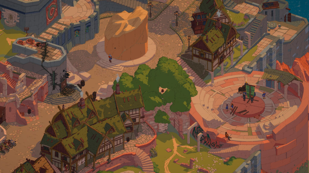 Esoteric Ebb - Isometric view of the city of Norvik at dusk.