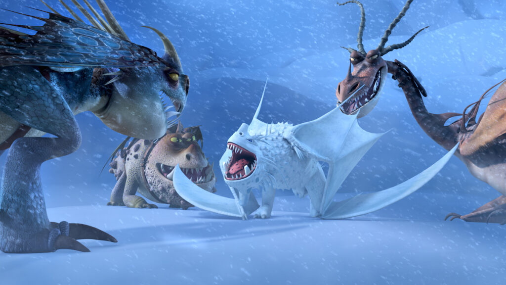 Dragons, left to right 
Stromfly, Meatlog, Snow Wraith and Hook Fang.
Snow Wraith is a new dragon - Race to the Edge