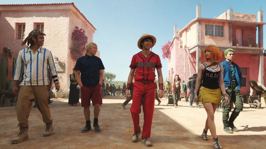 The Straw Hat Pirates walking through Whisky Peak, the first island they get to in the Grand Line - One Piece Season 2