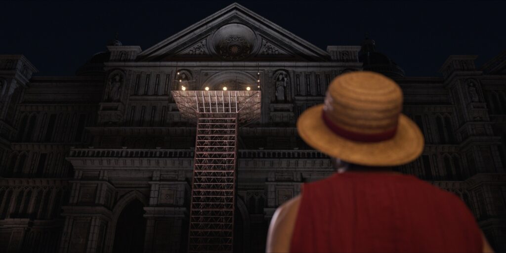 Luffy stands in front of the platform where Gol D. Roger was executed in Lougetown - One Piece Season 2