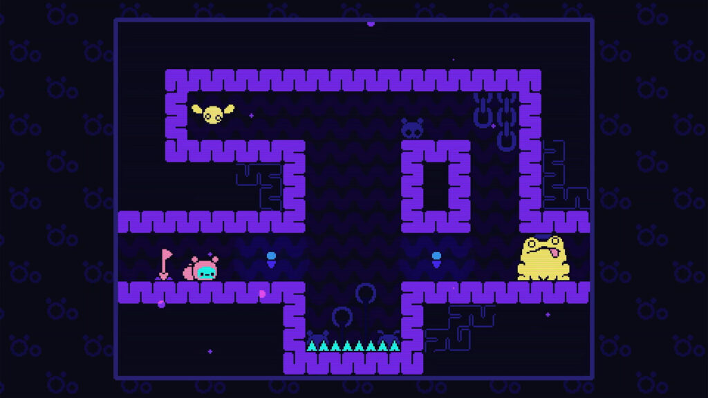 Öoo - a pink caterpillar stands in a purple zone with a frog blocking the way and a fly in the top corner