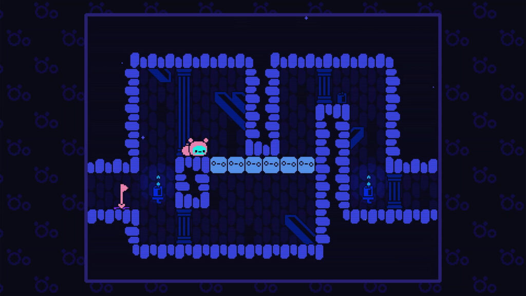 Öoo - a pink caterpillar stands in a blue level with the way blocked