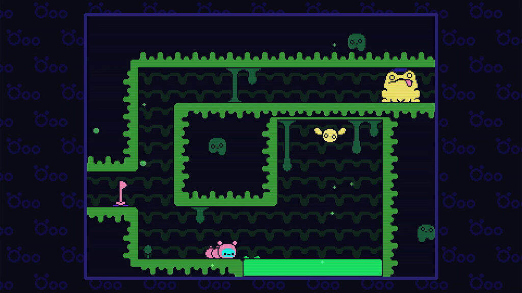 Öoo - a pink caterpillar stands in a green area with a bug floating over toxic waste