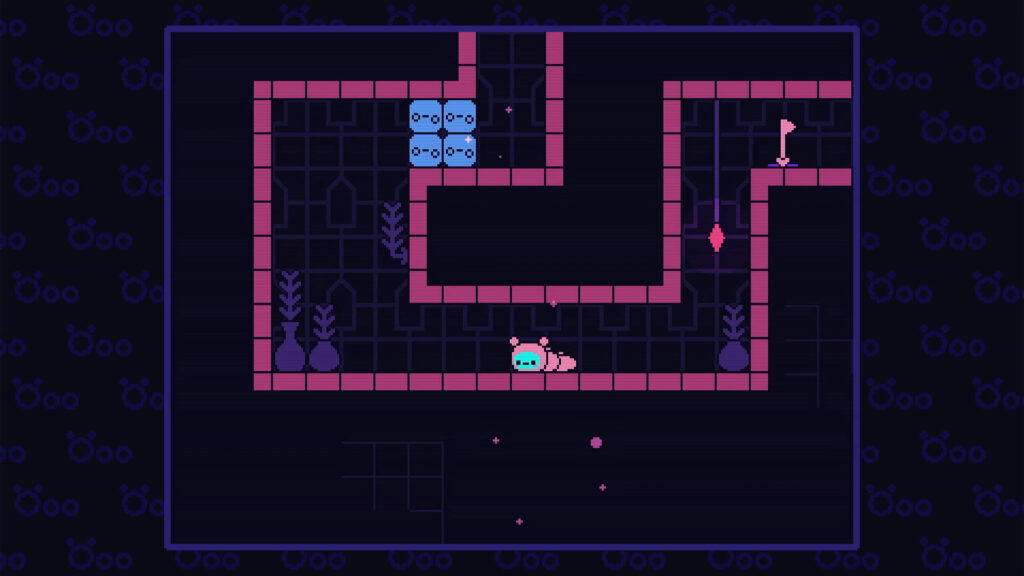 Öoo - a pink caterpillar stands in a red zone where the way is blocked by blue blocks