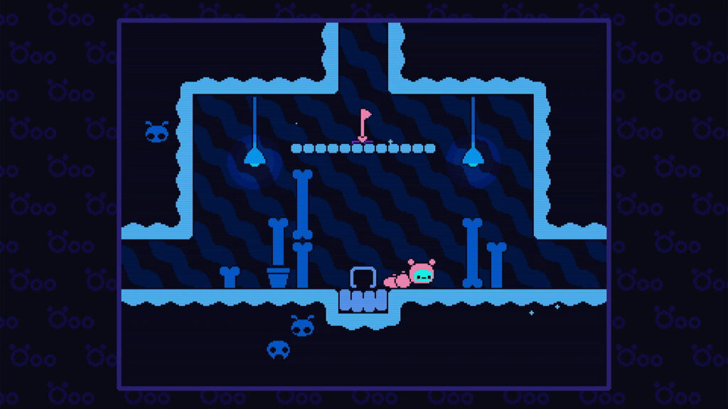 Öoo - a pink caterpillar stands in a blue area with a high shelf