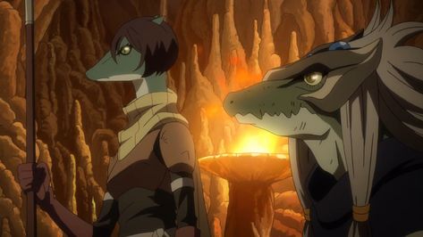 Right - Abiru, a Dragonewt and the chieftain of the Lizardman Tribe. He's the father of both Gabiru and Souka.
Left - Souka, Gabiru's younger sister and Abiru's daughter. - That Time I Got Reincarnated as a Slime