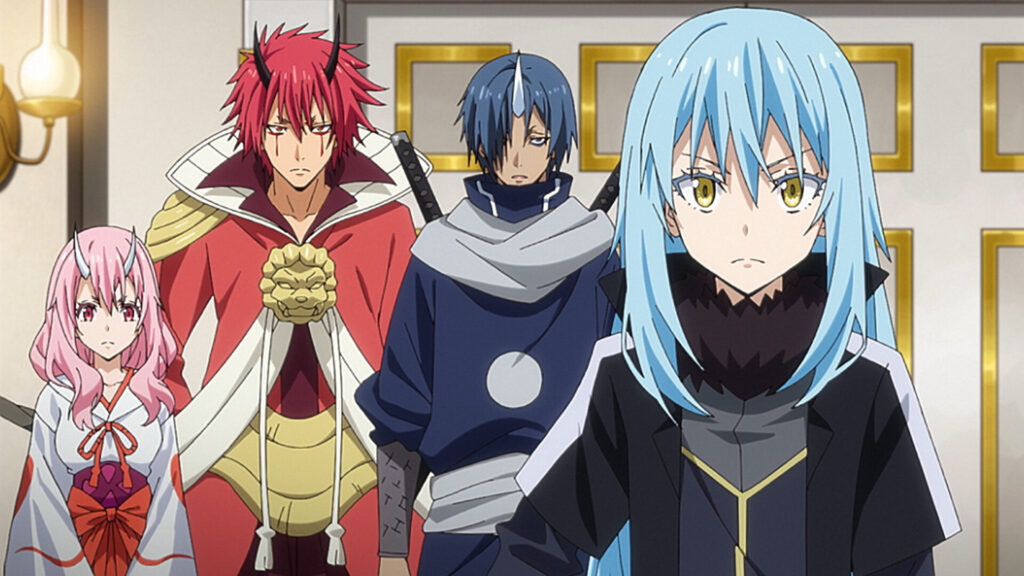 Rimuru (front) with the ogres Shuna (Left), Benimaru (center) and Souei (right) - That Time I Got Reincarnated as a Slime