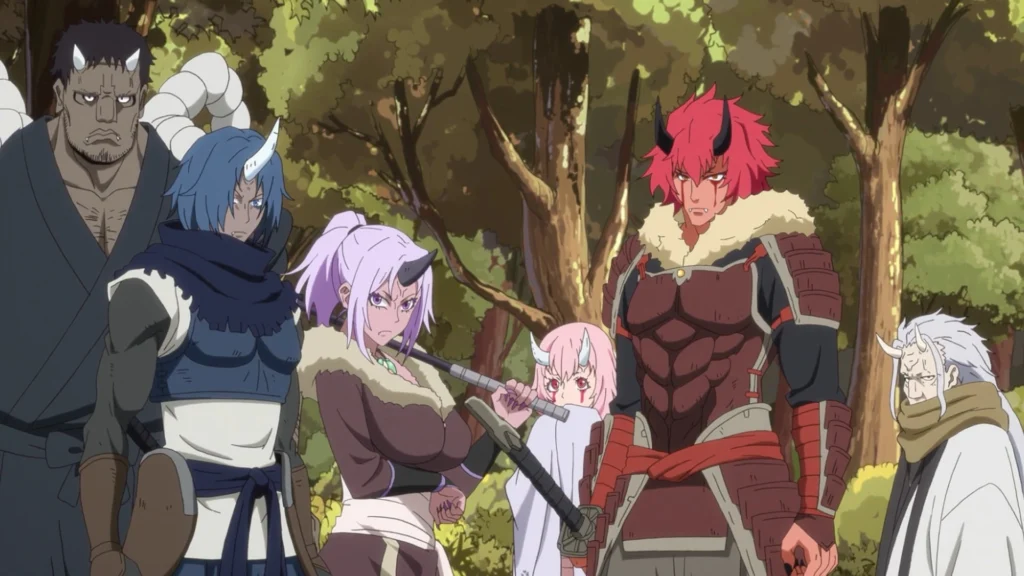 Left to right
First meeting with the ogres
Kurobe, Souei, Shion, Shuna, Benimaru and Hakurou - That Time I Got Reincarnated as a Slime