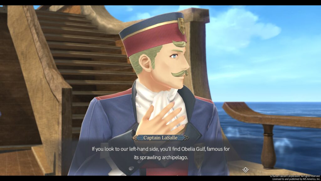 Ys X: Proud Nordics - a close up shot of the Captain of a ship mid dialogue