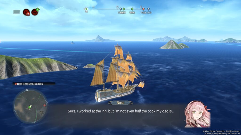 Ys X: Proud Nordics - the Sandra sailing over the ocean as dialogue pops up