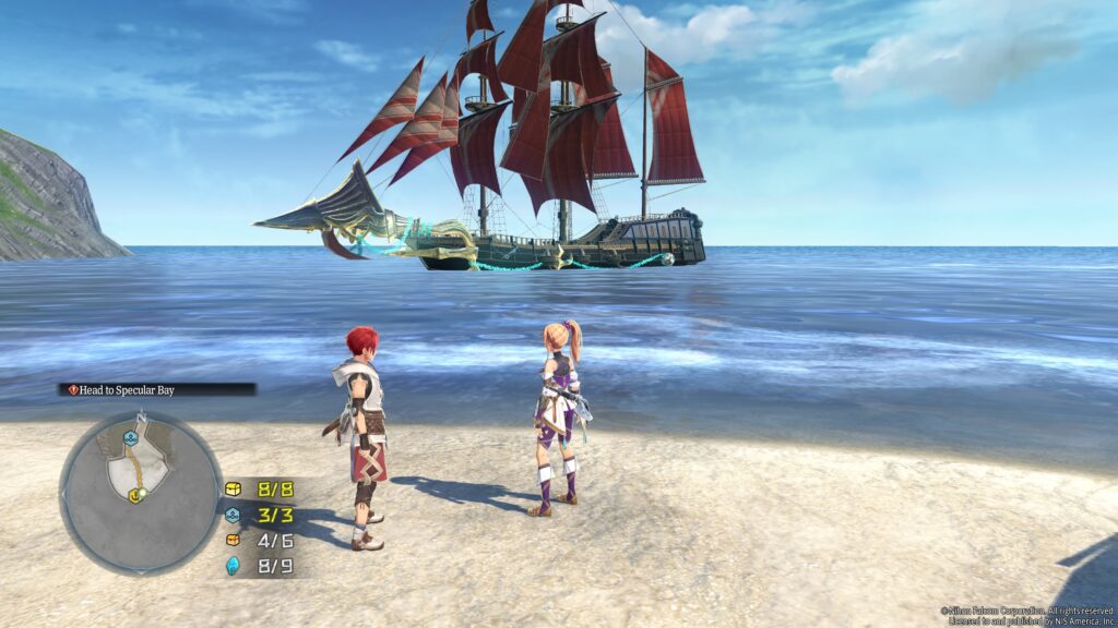 Ys X: Proud Nordics - Adol and Karja look off-shore to the Sandra ship on the water
