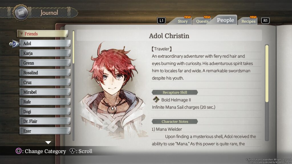 Ys X: Proud Nordics - the journal entry for Adol Christin