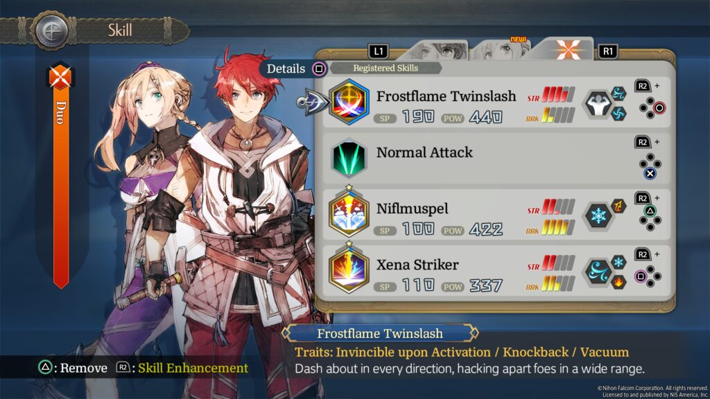 Ys X: Proud Nordics - Adol and Karja character art stands aside their skill docks