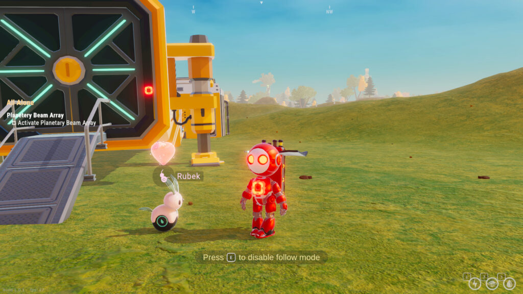 Blossom: The Seed of Life - Blossom and Rubek, an electronic bunny like robot, stabd outside the base. yes you can pet him. the ground is strating to turn green