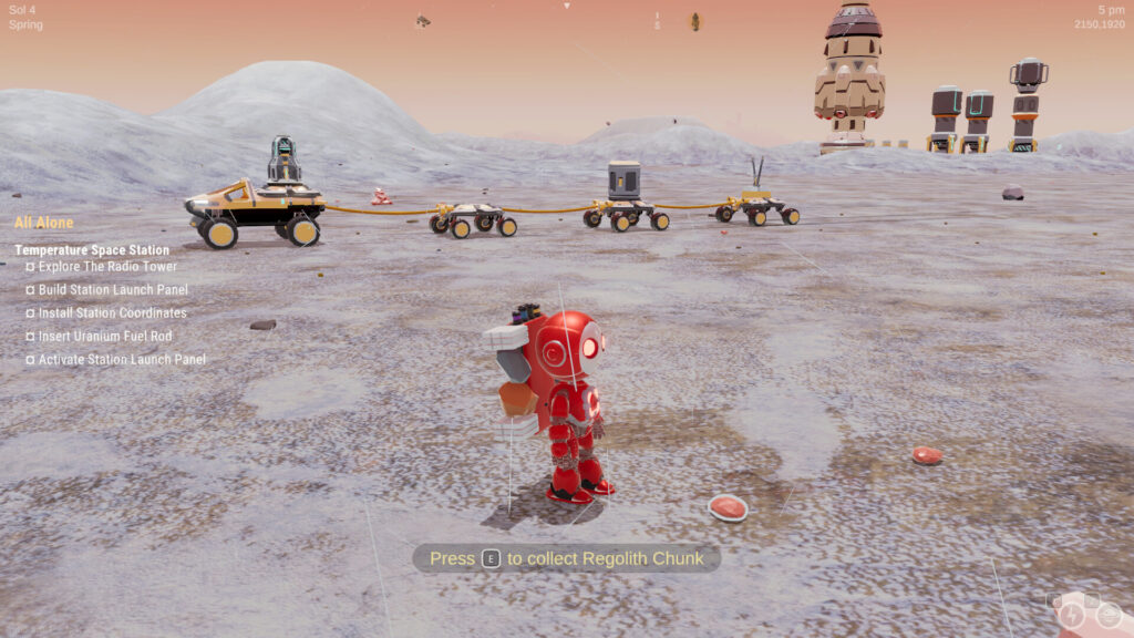 Blossom: The Seed of Life - Blossom stops to pick up a resource, The Rover and the base is seen in the background.