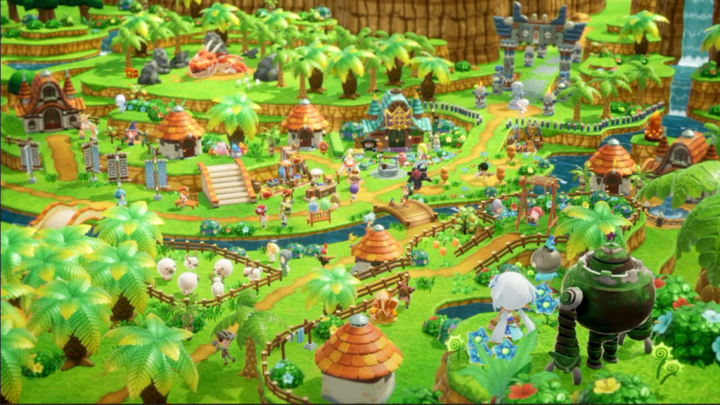 Fantasy Life i: image shows a full screen capture of one of the isl;ands in which the game is set. It is very green with lots of plants, animals and poeple working and talking in harmony. 
