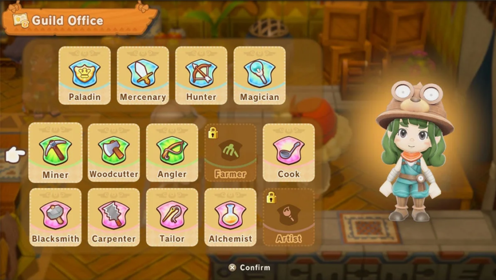 Fantasy Life i: Image shows different "jobs" you can complete in the game. This includes paladin, Mercenary, hunter, magician, miner, woodcutter, angler, farmer, cook, blacksmith, carpenter, tailor, alchemist and artist. 
