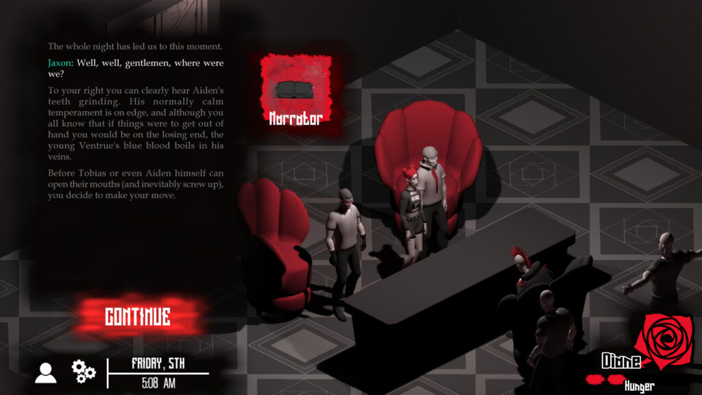 Vampire the Masquerade Heartless Lullaby - Diane is at a table surrounded by henchmen in the heat of a discussion
