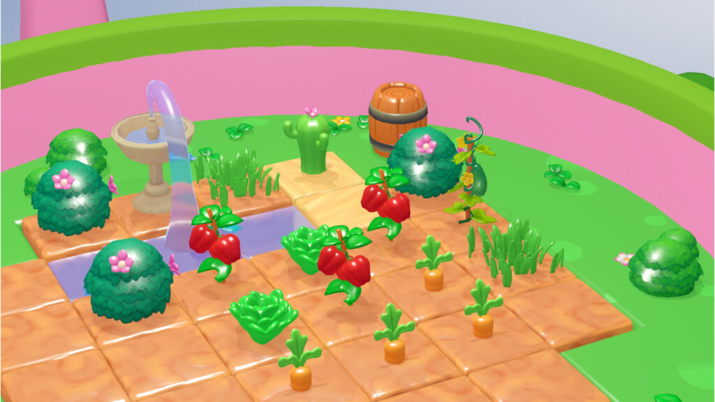 Tiny Garden - a close up shot of the garden with lots of plants and a water fountain
