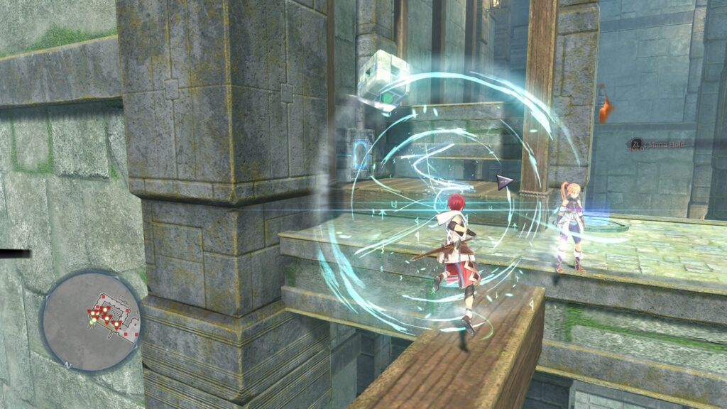 Ys X: Proud Nordics - Adol uses the mana string to lift a block