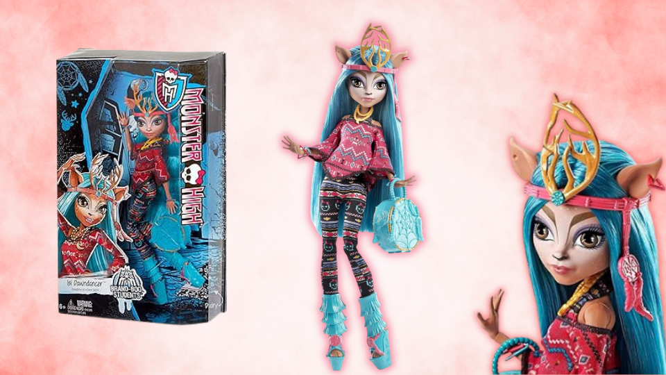Isa Dawndancer from monster high shown both in and out of box. She is a deer type character with long blue hair.
