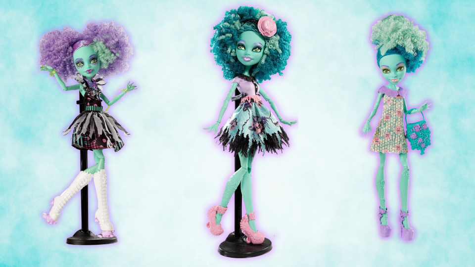 Honey swamp monster high doll in all three of her versions. The doll has brightly coloured hair.