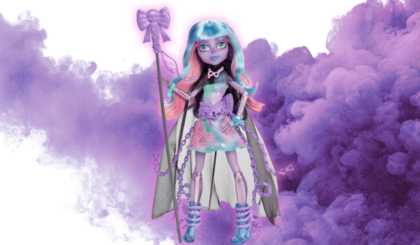 monster high river styxx doll in her original form. Shows a doll with a scythe in pastel colours.