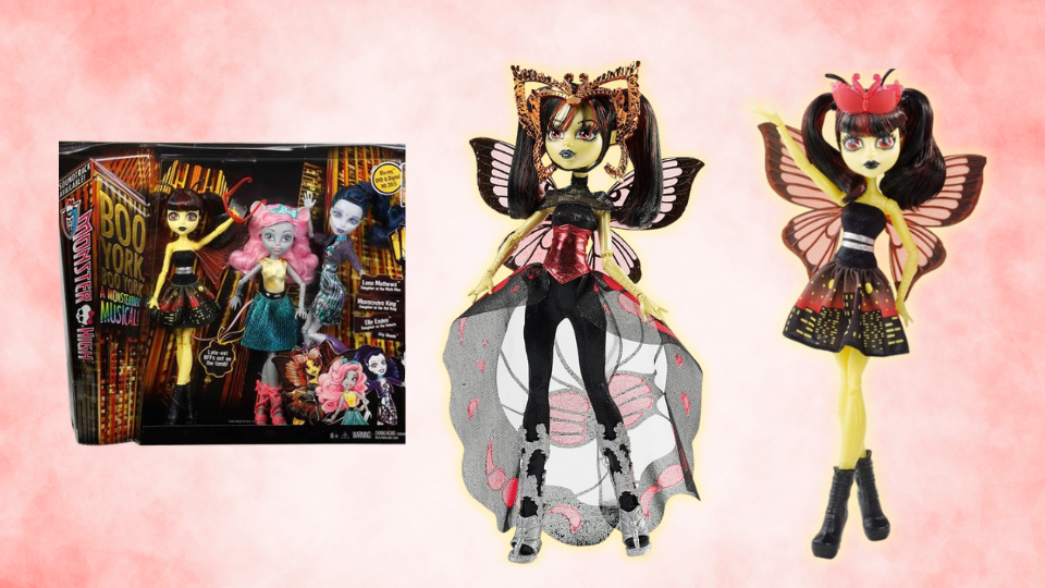 Luna Mothews shown in both of her outfits as well as in her box. She is a yellow and red moth with black wings.