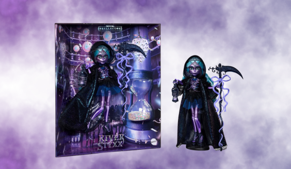 monster high river styxx doll in her new scullector form. Shows a doll with a scythe. Also shows her box which is purple and black.