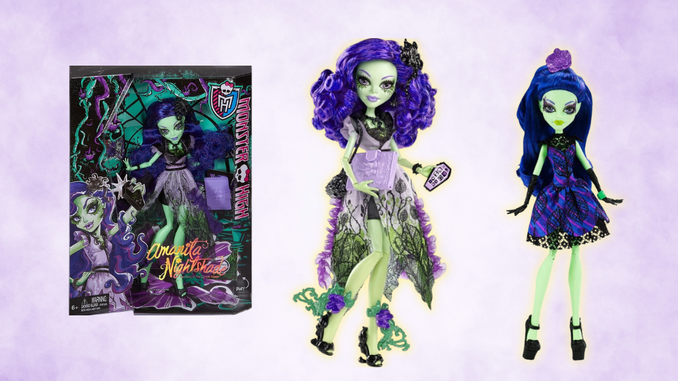 amanita nightshade doll from monster high, is a mushroom type doll shown in both her outfits as well as inside and outside her box. She has bright blue hair, green skin and wears floral clothing.
