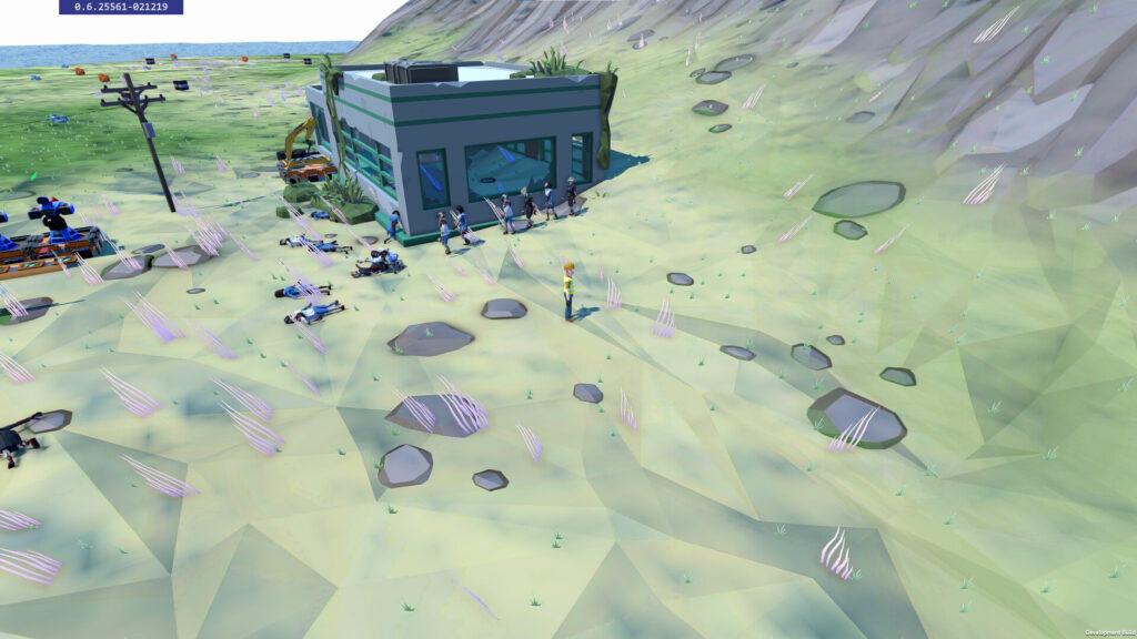 Apocalypse Factory - a washed out landscape as zombies appear from a building