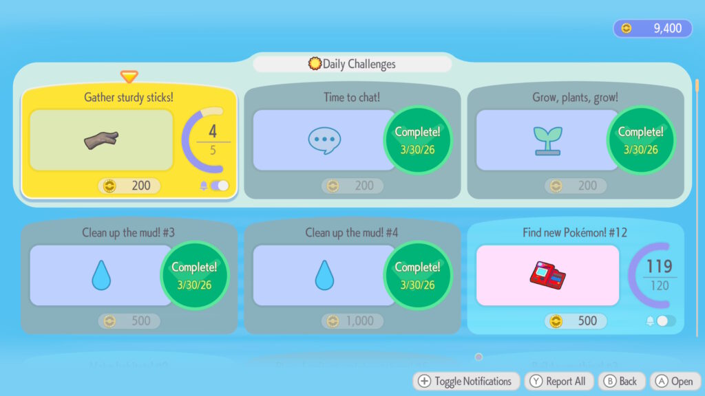 Pokémon Pokopia - Six challenges, some completed and others in progress.