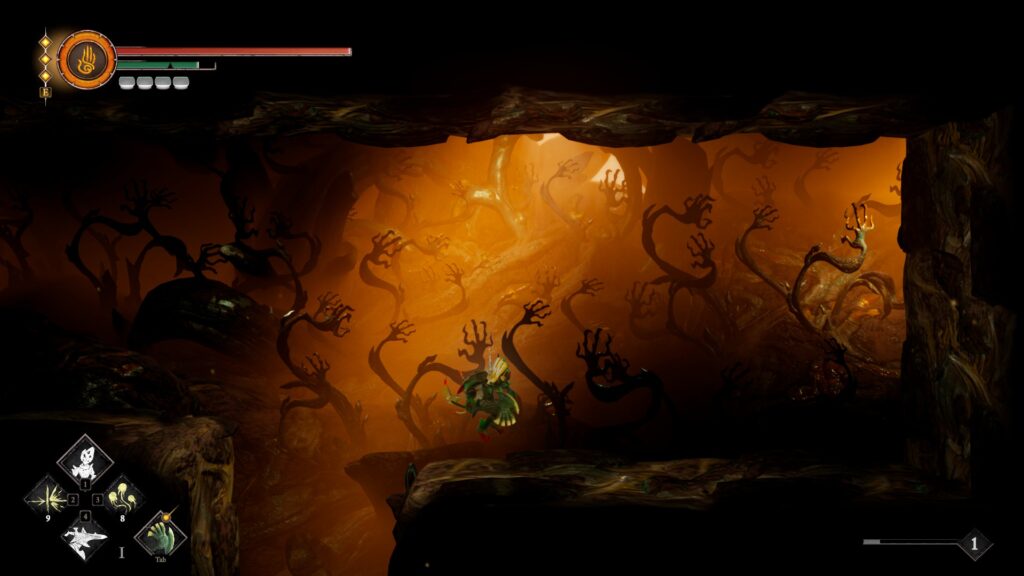 Grime II - the hero explores an area littered with shriviled hand much like a Tim Burton artstyle