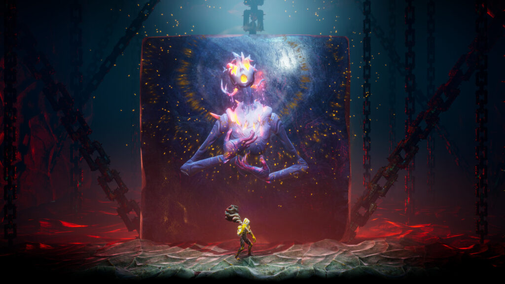 Grime II - The first boss is a colourful humanoid that appears to be half trapped in a paint canvas