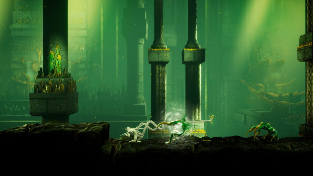 Grime II - we use a grapple attack to damage a fingerlike creature, the background is the green and yellow temple of Hands