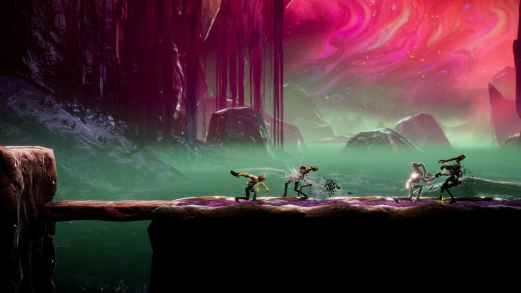 Grime II - our hero fights one beast while a mould fights another with a pink/purple haze in the sky