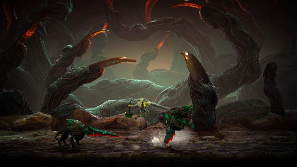 Grime II - Fighting two blade like creatures in an area of gnarled fingers
