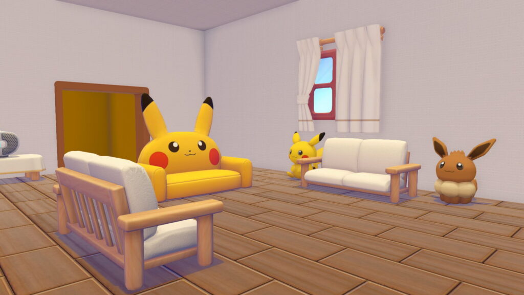 Pokémon Pokopia - The inside of a house, showing several sofas (including one that looks like a Pikachu) and some sort toys.