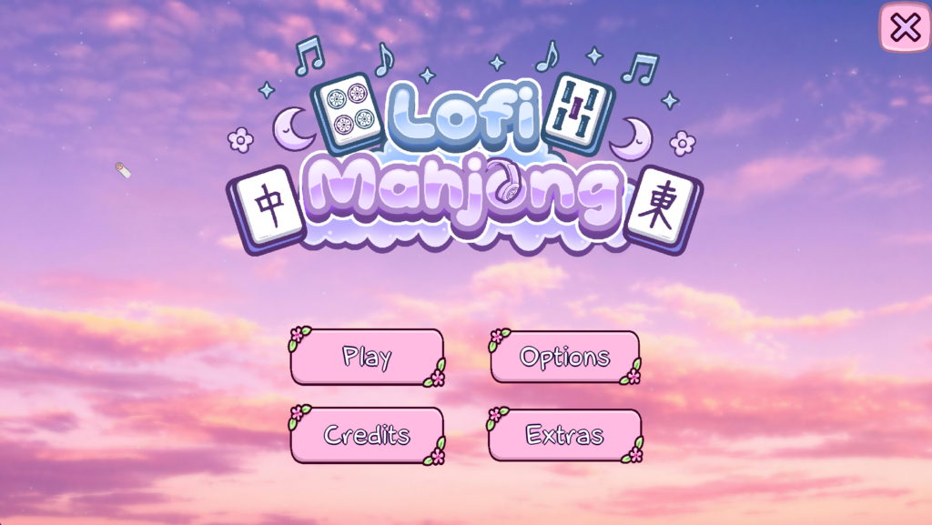 Lofi Mahjong start screen with Lofi Mahjong logo, Play, Options, Credits and Extras buttons.