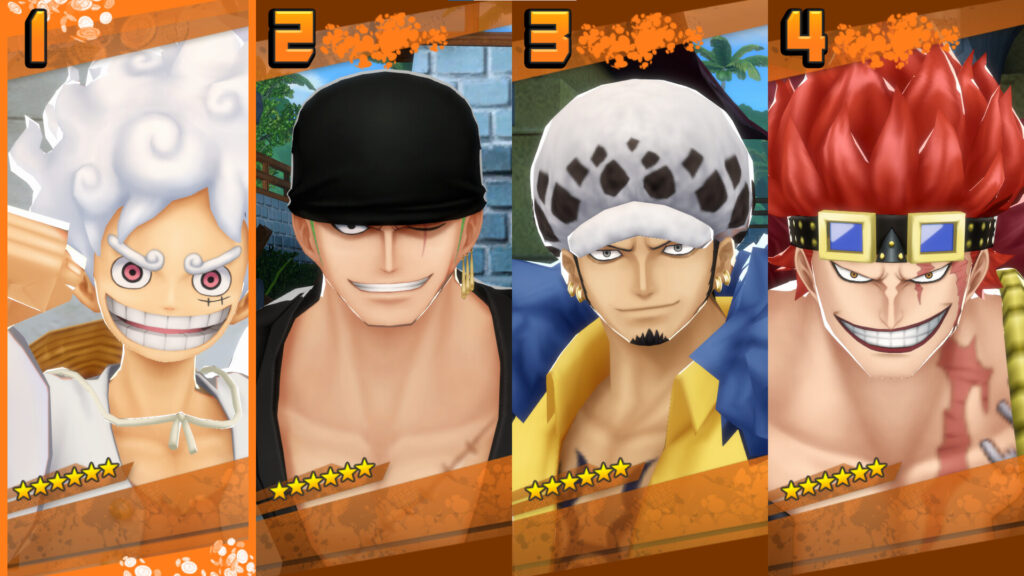 Left to right
Luffy, Zoro, Law and Kid - One Piece: Bounty Rush