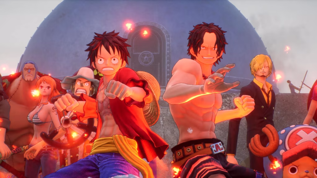 Left to right
Franky, Nami, Usopp, Luffy, Ace, Sanji and Chopper - One Piece: Odyssey