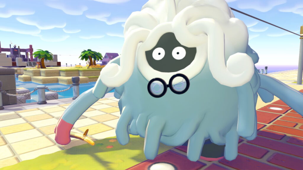 Pokémon Pokopia - The Professor. A white and grey haired tangela wearing glasses.