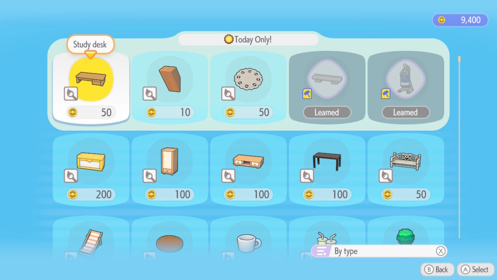 Pokémon Pokopia - The shop, showing various items available to purchase.