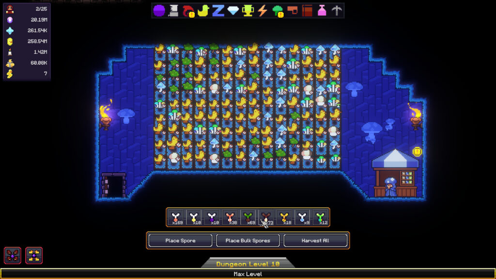 All Hail The Orb - a blue toned pixel art scene with lots of mushrooms on a field and a shop