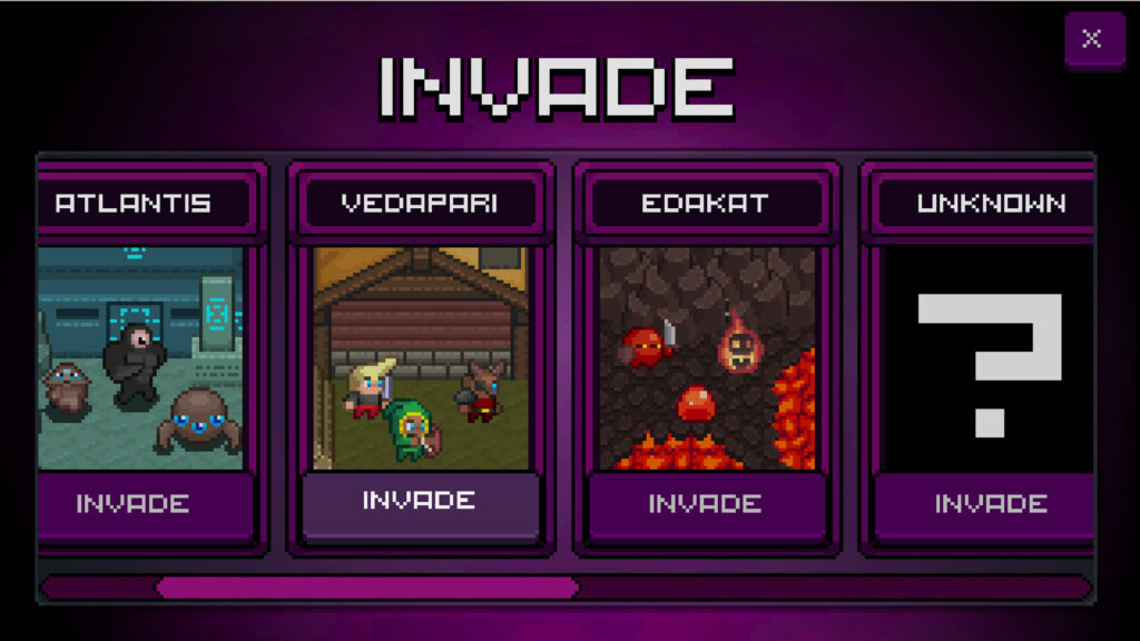 Idle Demon Summoner: a view of the invade menu with pixel graphics