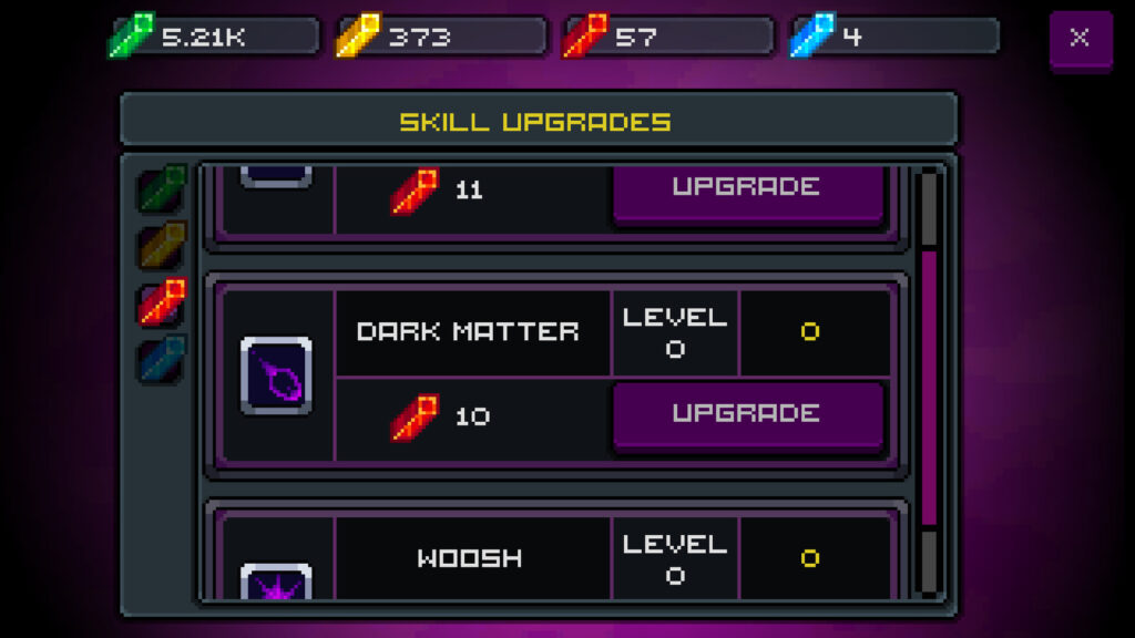 Idle Demon Summoner - the skill upgrades menu showing the dark matter skill