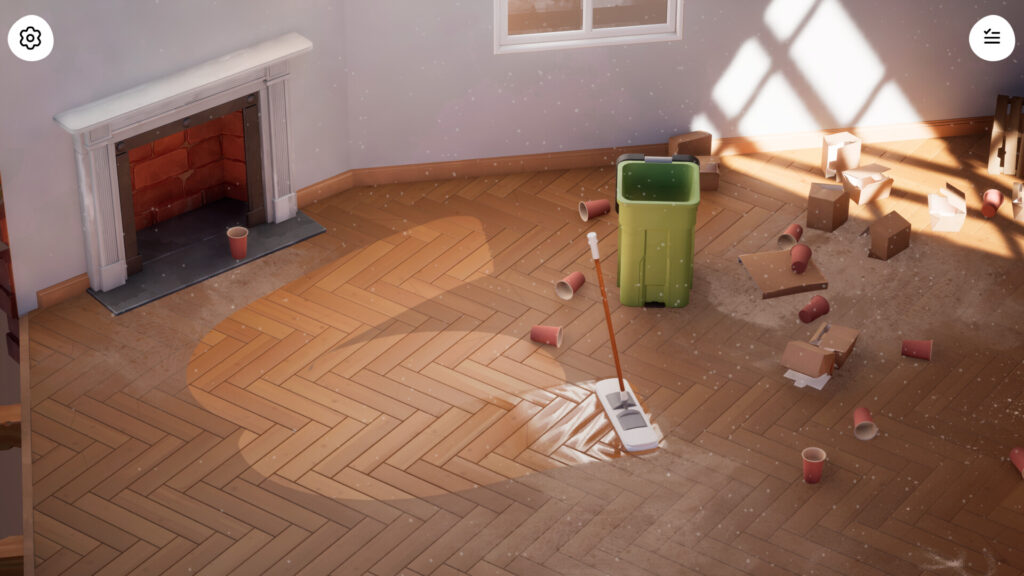 Hozy - a dirty laminate floor as the player is sweeping the floor