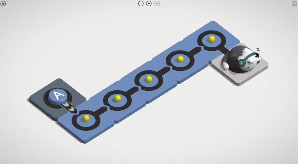 Image shows the first level of Cadence. A Sync tile with five relay tiles leading to Ren the cat tile.